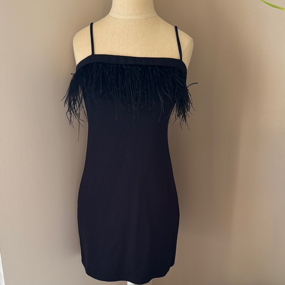 Elegant Black Feather Trim Dress
